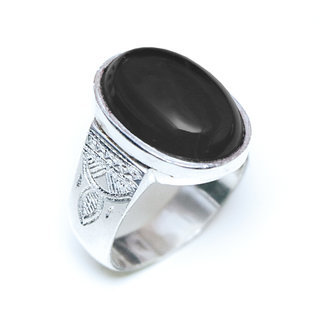 Bijoux touareg ethniques berbres bague chevalire en argent 925 massif femme grande grave et pierre fine ovale onyx noir - Niger 069 a