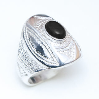 Bijoux touareg ethniques berbre bague en argent 925 massif femme grande grave et pierre fine ovale onyx noir - Niger 070 a