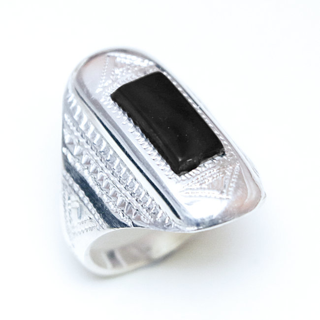 Bague argent massif 925 touareg chevalière longue rectangle et Onyx - Niger 074