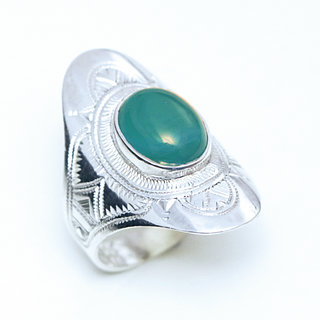 Bijoux ethniques touareg berbres bague argent 925 femme homme pierres semi-prcieuses fines agate verte ovale navette grave artisanale personnalis - Niger 147 a