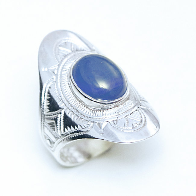 Bague argent 925 touareg ovale navette longue et Agate bleue - Niger 147