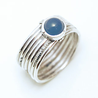 Bijoux ethniques touareg berbres bague en argent 925 massif femme homme semainier grav multi plusieurs sept anneaux et pierre fine Agate bleue ronde - Niger 077 a