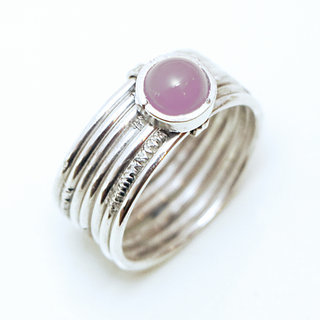 Bijoux ethniques touareg berbres bague en argent 925 massif femme homme semainier grav multi plusieurs sept anneaux et pierre fine quartz rose ronde - Niger 077 a