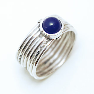 Bijoux ethniques touareg berbres bague en argent 925 massif femme homme semainier grav multi plusieurs sept anneaux et pierre fine lapis-lazuli ronde - Niger 077 a