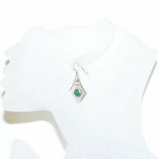 Bijoux touareg ethniques boucles d'oreilles en argent 925 massif pierres semi-prcieuses berbre gravure pendante ronde Agate verte shat shat - Niger 045b