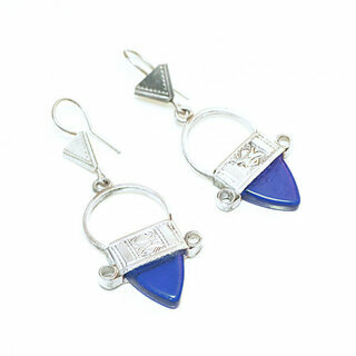 Bijoux ethniques touareg berbres boucles d'oreilles femme argent 925 massif pendantes Croix du Sud d'Ingall grave et pierre Verre artisanal bleu - 017 a