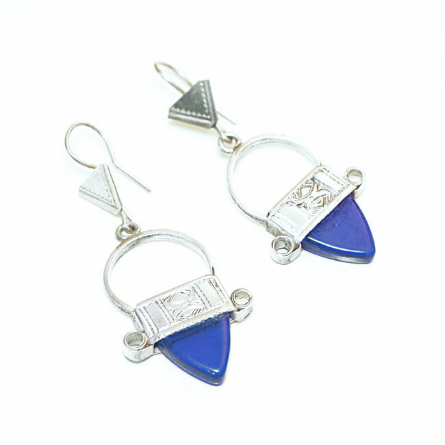 Boucles d'oreilles argent massif 925 touareg Croix du Sud Ingall et verre bleu - Niger 017