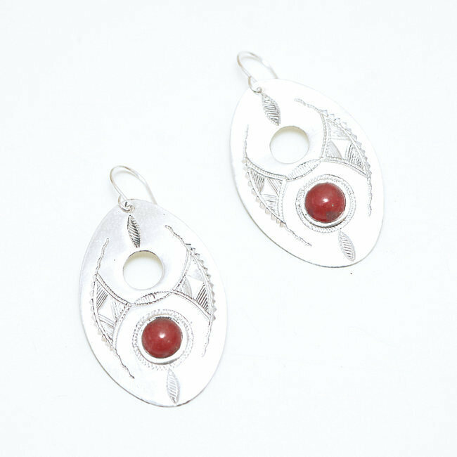 Boucles d'oreilles argent 925 touareg ovale ajourée et Cornaline - Niger 047