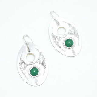 Bijoux touareg ethniques boucles d'oreilles en argent 925 massif pierres semi-prcieuses berbre gravure pendante ronde vraie Agate verte ovale ajoure - Niger 047 a