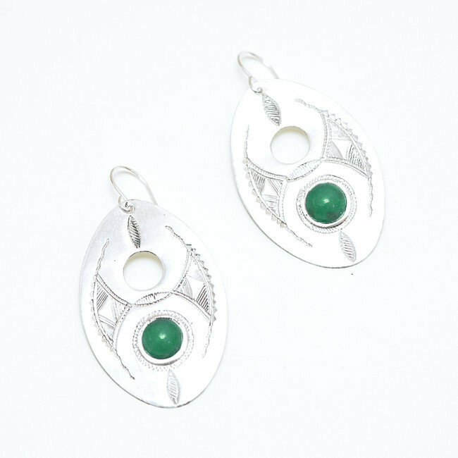 Boucles d'oreilles argent 925 touareg ovale ajourée et Agate Verte - Niger 047