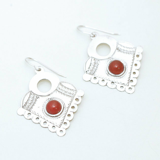 Boucles d'oreilles argent 925 touareg ajourée et cornaline - Niger 041