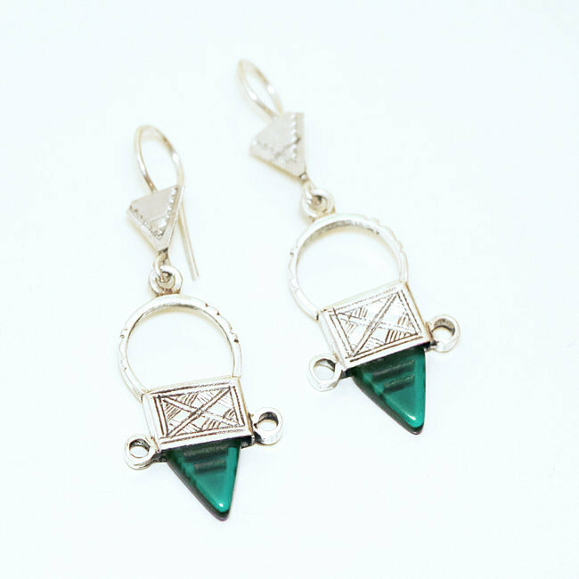 Boucles d'oreilles touareg Croix du Sud d'Ingall argent 925 et verre vert menthe - Niger 015