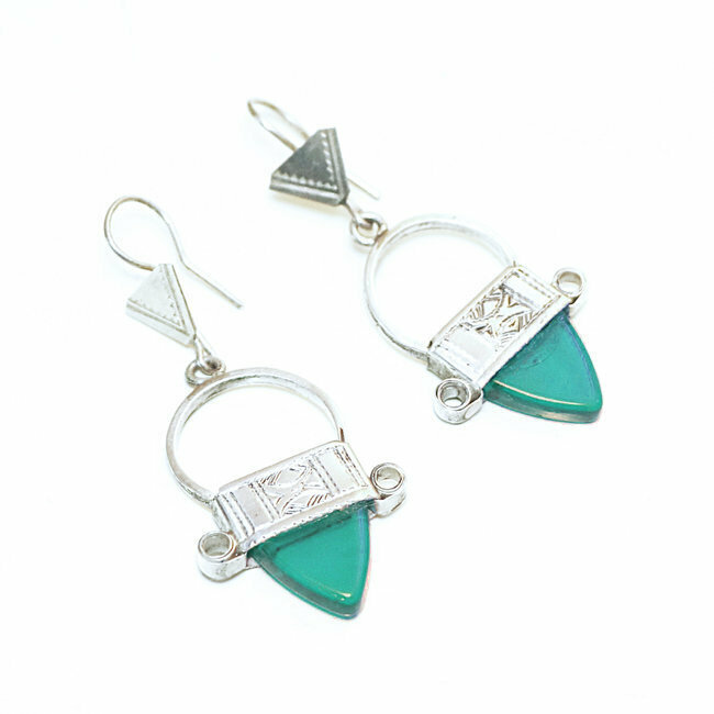 Boucles d'oreilles touareg Croix du Sud Ingall argent 925 et verre vert menthe - Niger 017