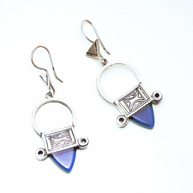 Boucles d'oreilles argent massif 925 touareg Croix du Sud Ingall et verre bleu - Niger 039